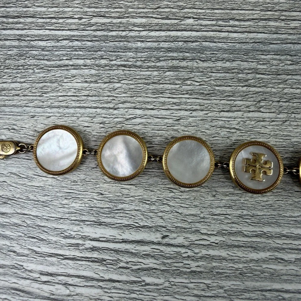 Tory Burch Mother of Pearl Logo Disc Link Bracelet Gold Tone Adjustable